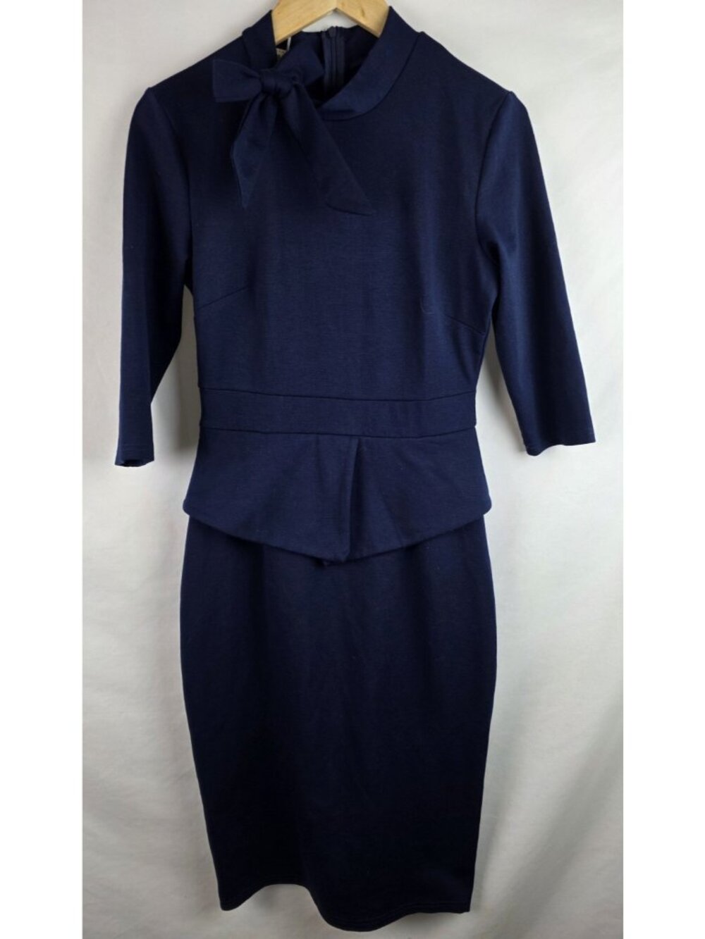 Moyabo Women's Dress Size Small Blue 3/4 Sleeve Bow Mock Neck Sheath Dress